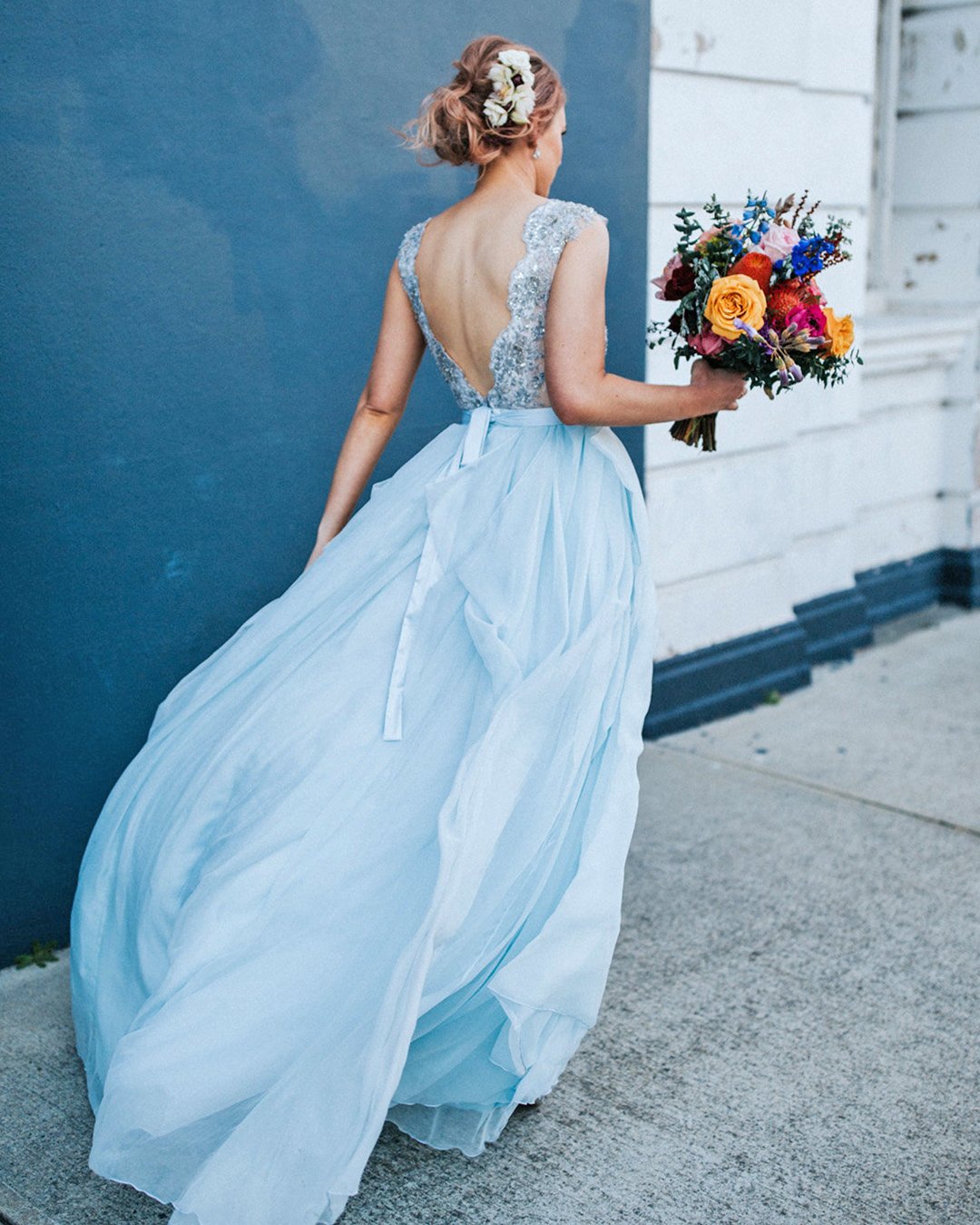 blue wedding dress with v back lace bodice
