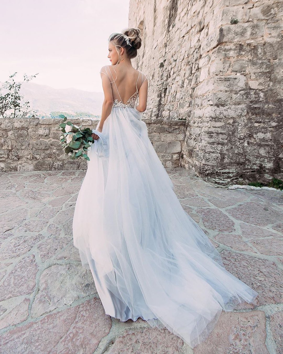 blue wedding dresses a line v back with cape beach sleeves piondress