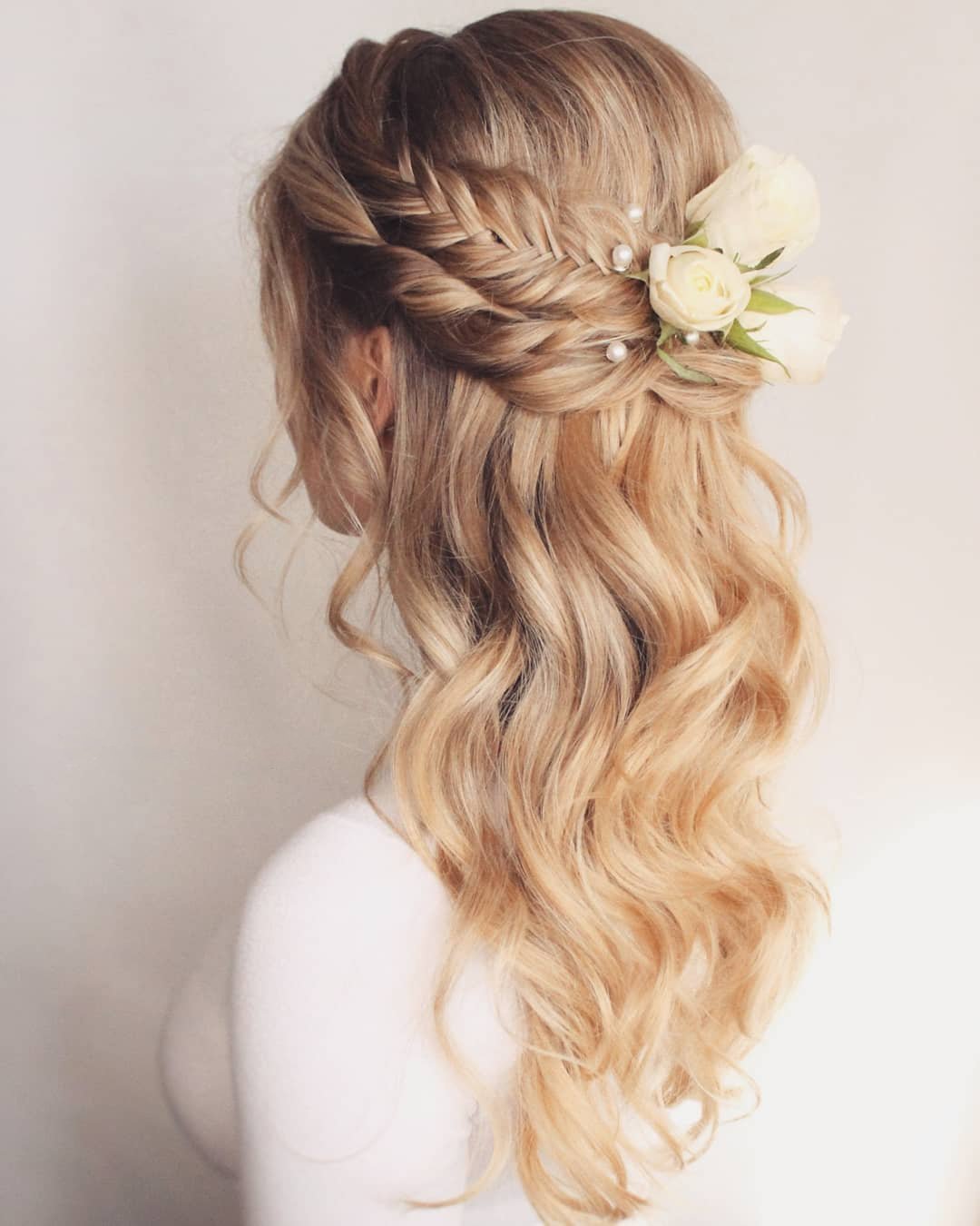 braided wedding hair half up half down white roses bridal_hairstylist