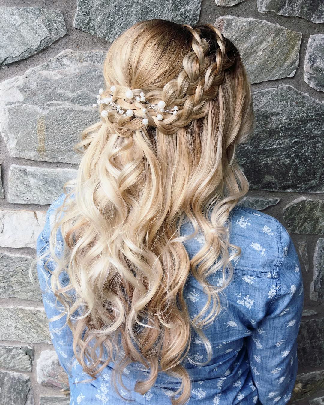 braided wedding hair half up half down with braid and pearls updosbykarina