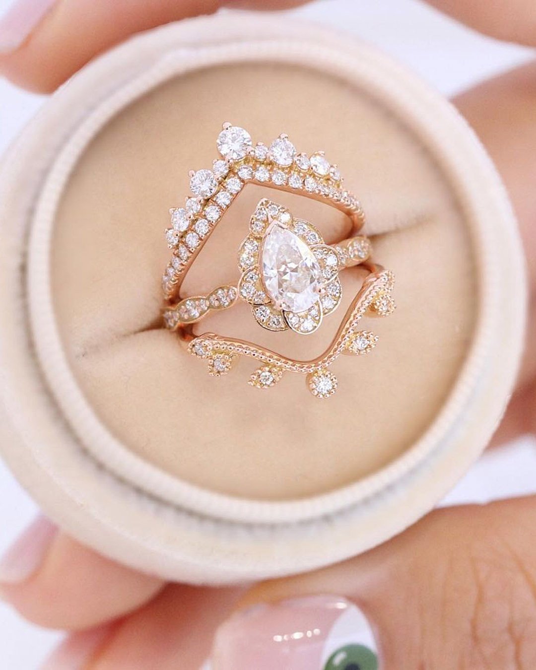 bridal sets marquise cut diamond halo rose gold