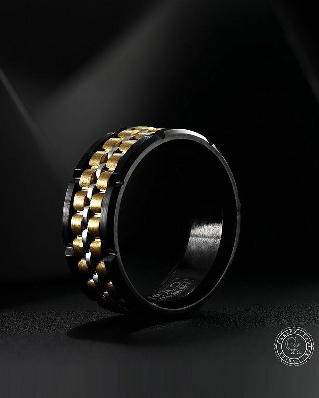 mens wedding bands yellow gold and black tone