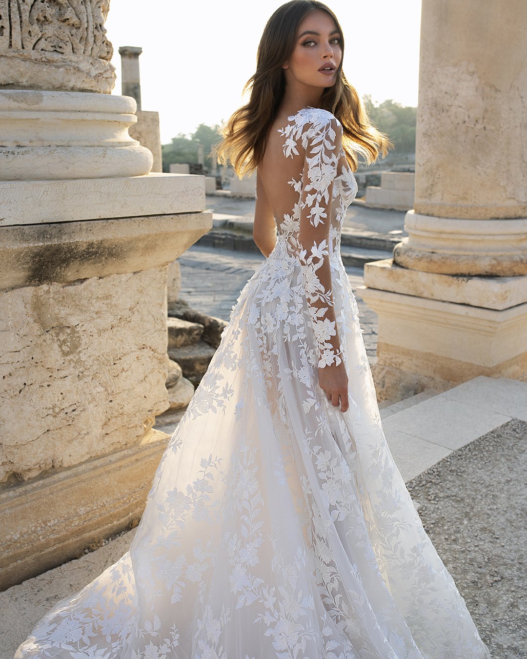 most pinned wedding dresses a line with illusion long sleeves lace pnina tornai