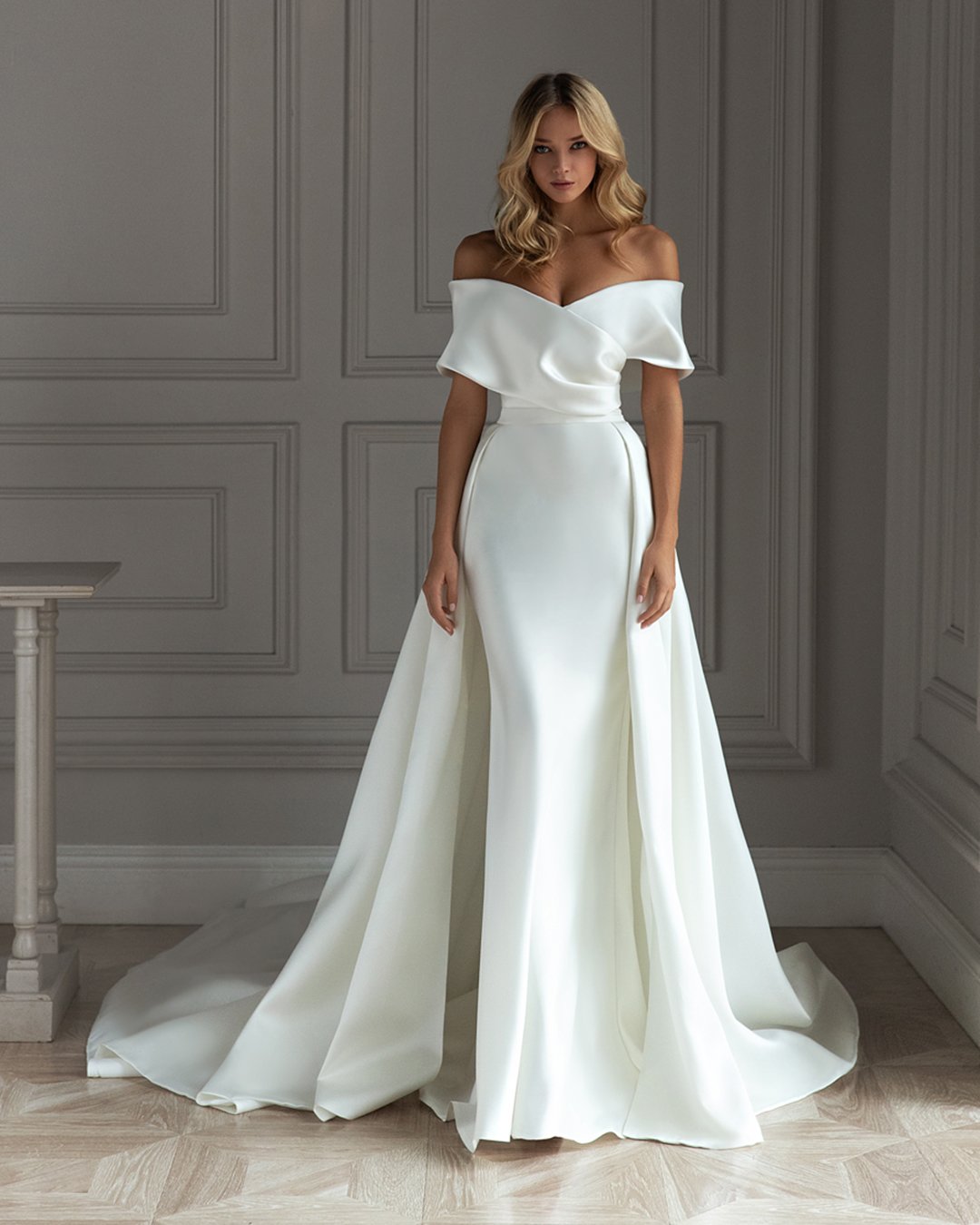 most pinned wedding dresses simple off the shoulder overskirt eva lendel