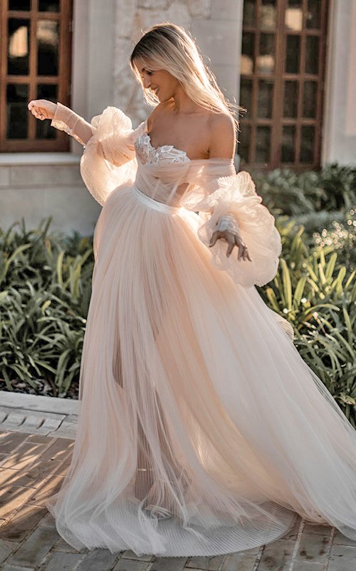 pink off the shoulder wedding dress
