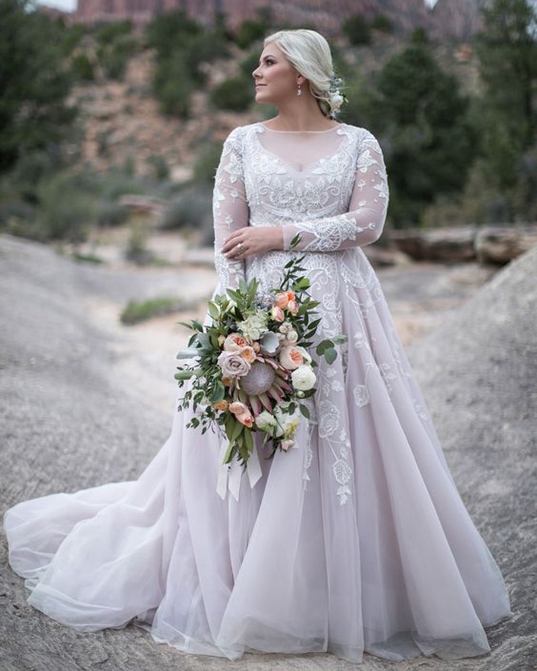 plus size wedding dresses with sleeves a line illusion neckline lace blush andi b bridal