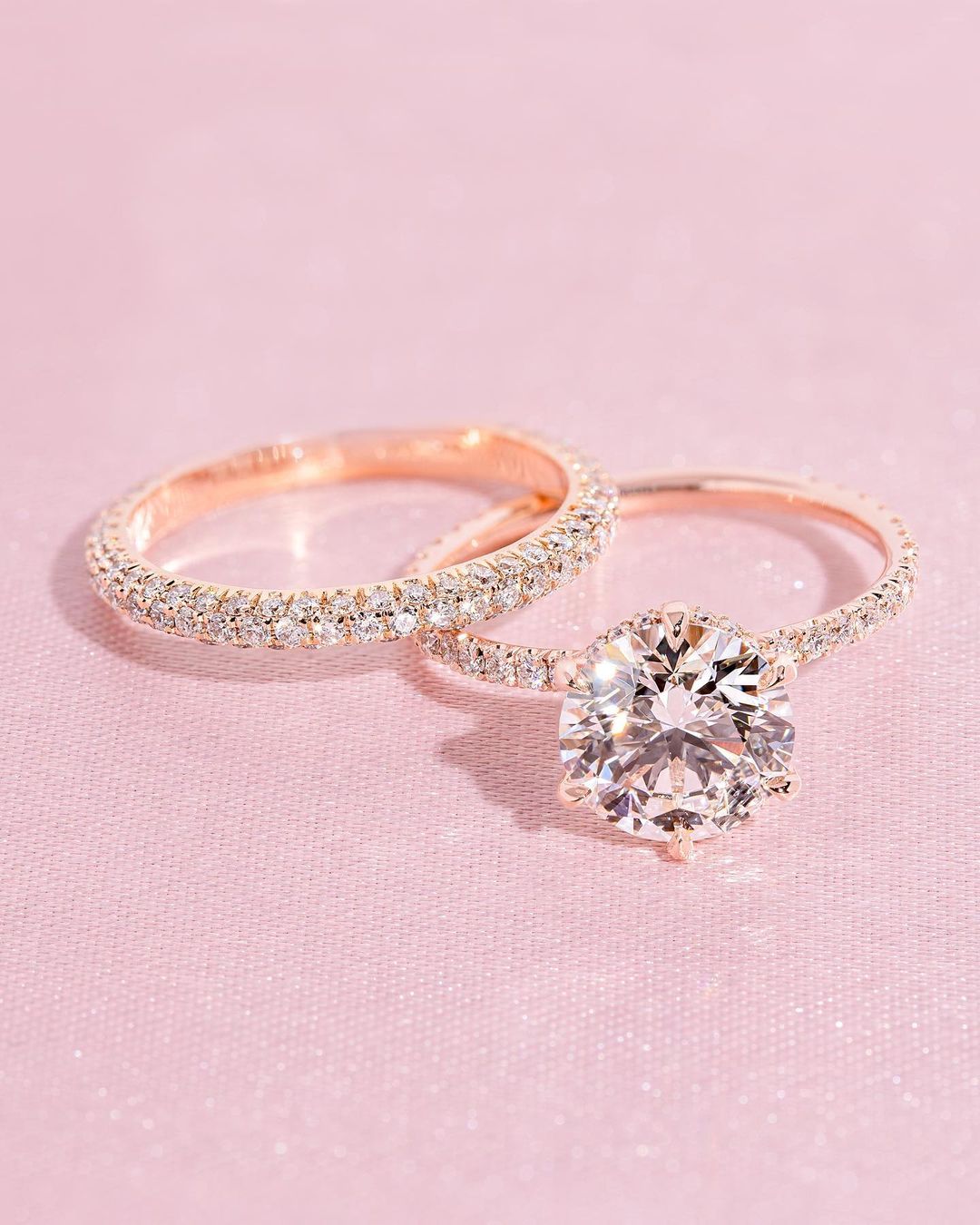 rose gold engagement rings pave band bridal sets