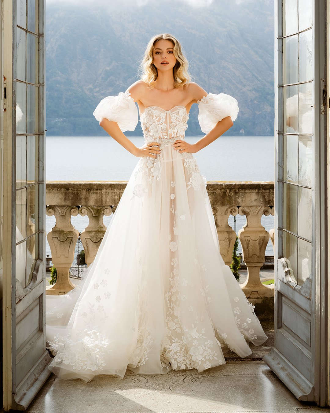 spring wedding dresses a line with puff sleeves floral appliques berta