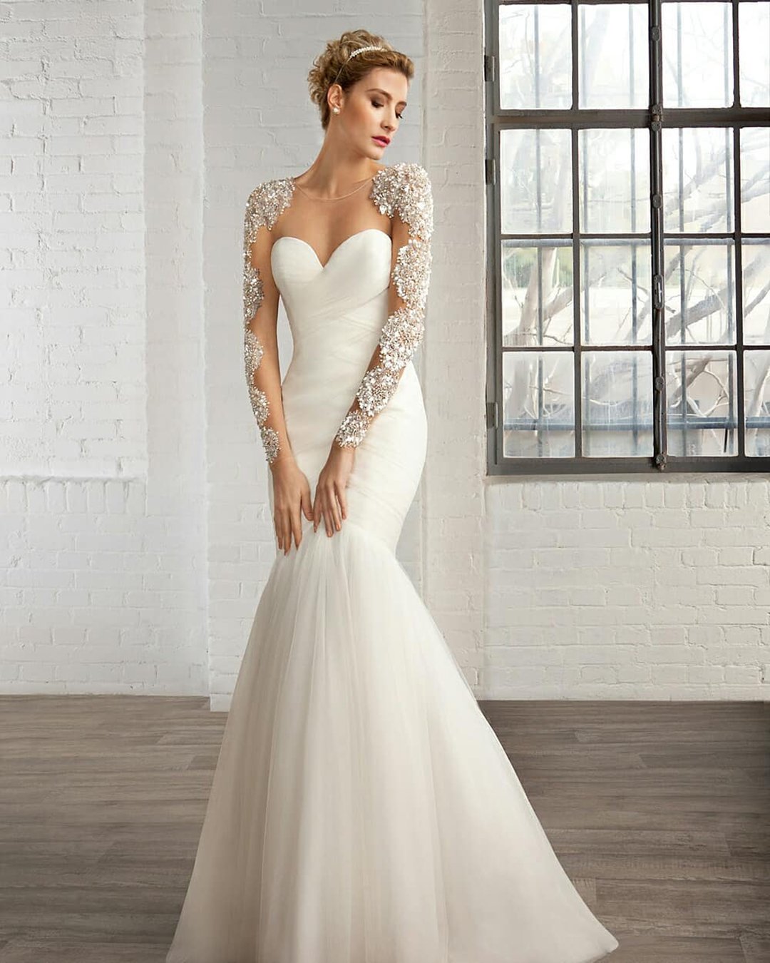 sweetheart mermaid wedding dresses with long beaded sleeves sweetheart neckline demetrios bride