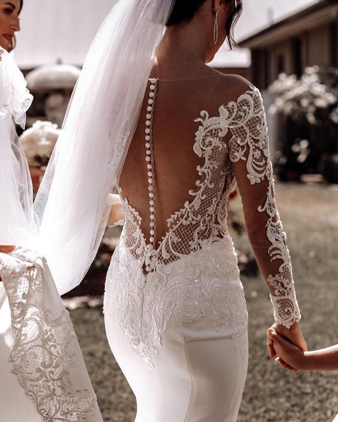 tattoo effect wedding dresses lace with illusion sleeves buttons nicolemilano