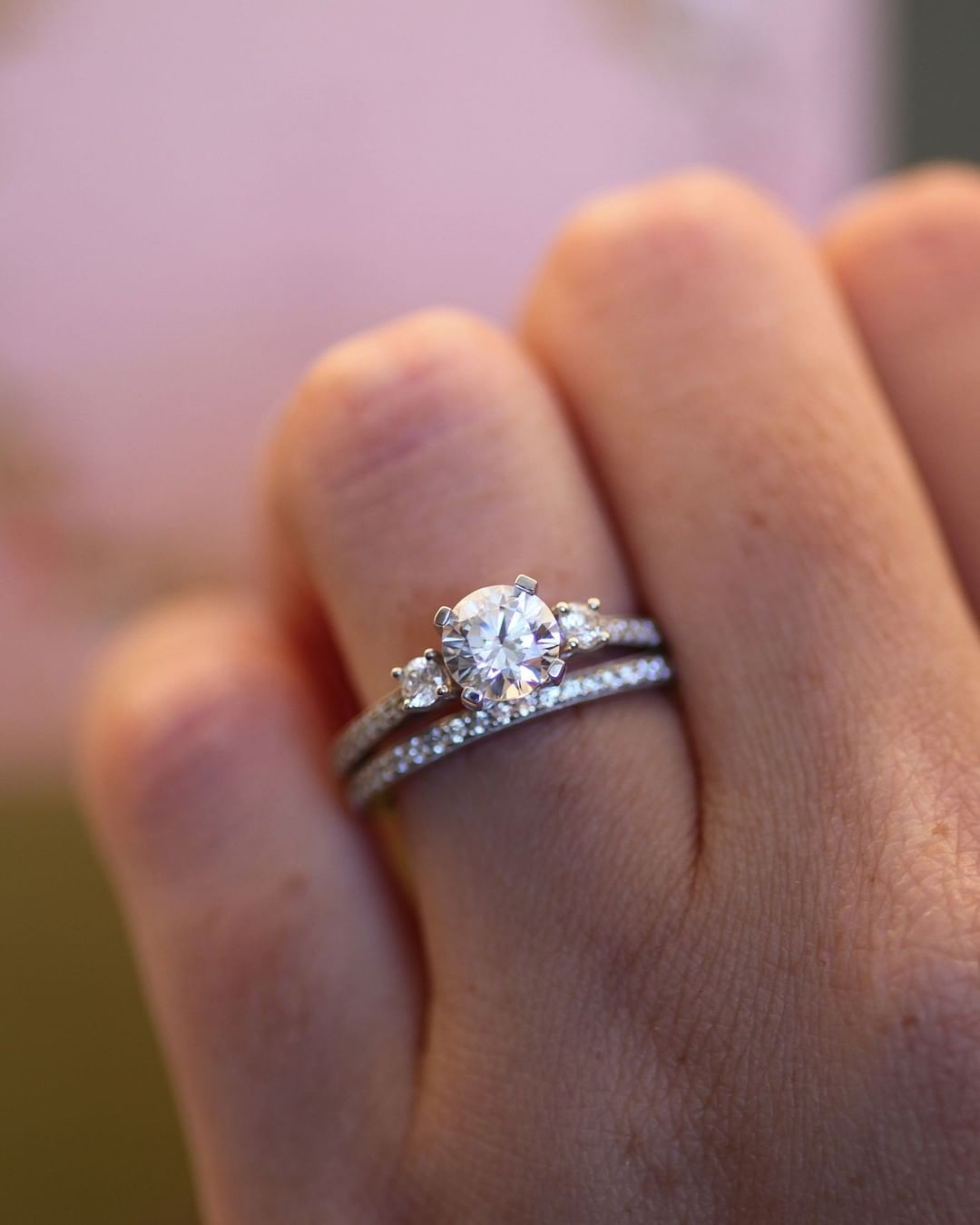 three stone engagement rings round cut rings bridal sets