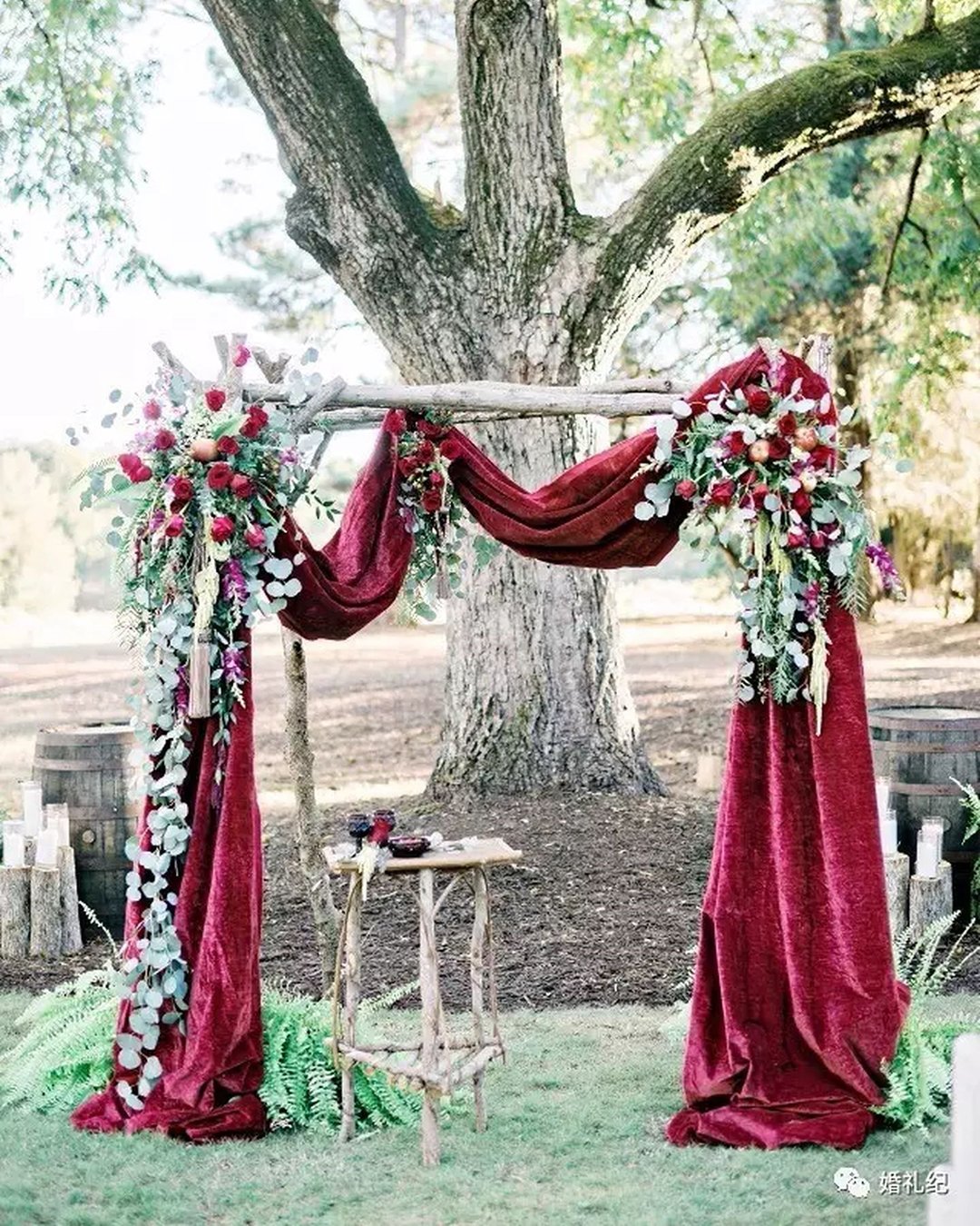 velvet wedding decor burgundy wedding arch Andie Freeman Photography