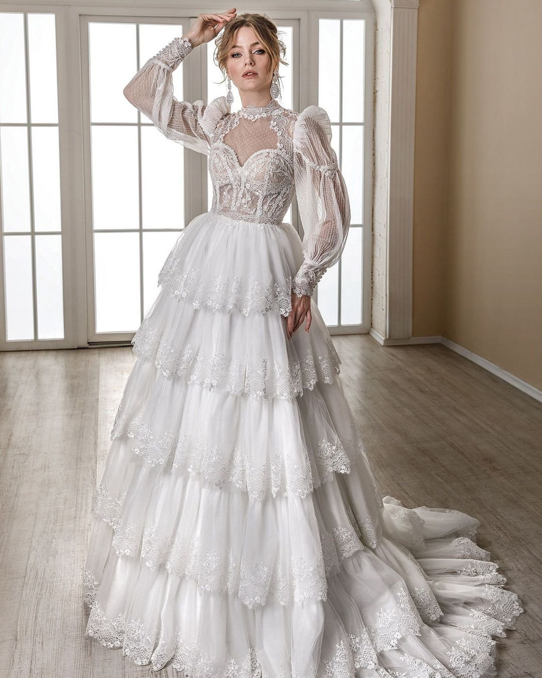 vintage inspired wedding dresses ball gown with sleeves lace ruffled skirt oleg_baburow