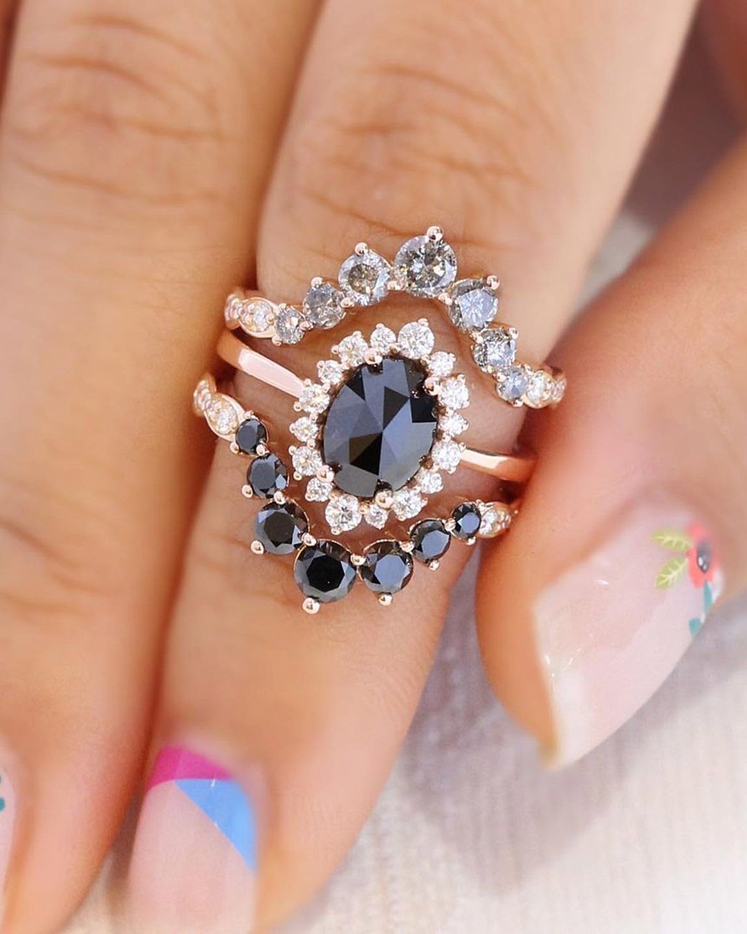 vintage wedding rings black diamond rose gold floral inspired