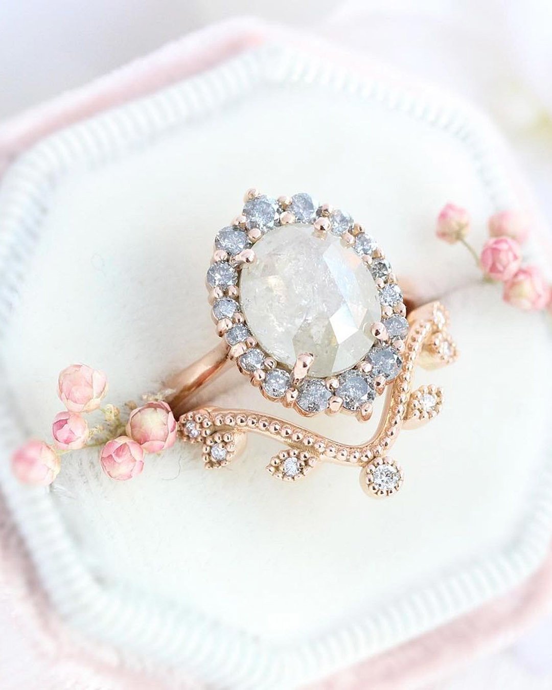 vintage wedding rings halo oval cut rose gold floral inspired