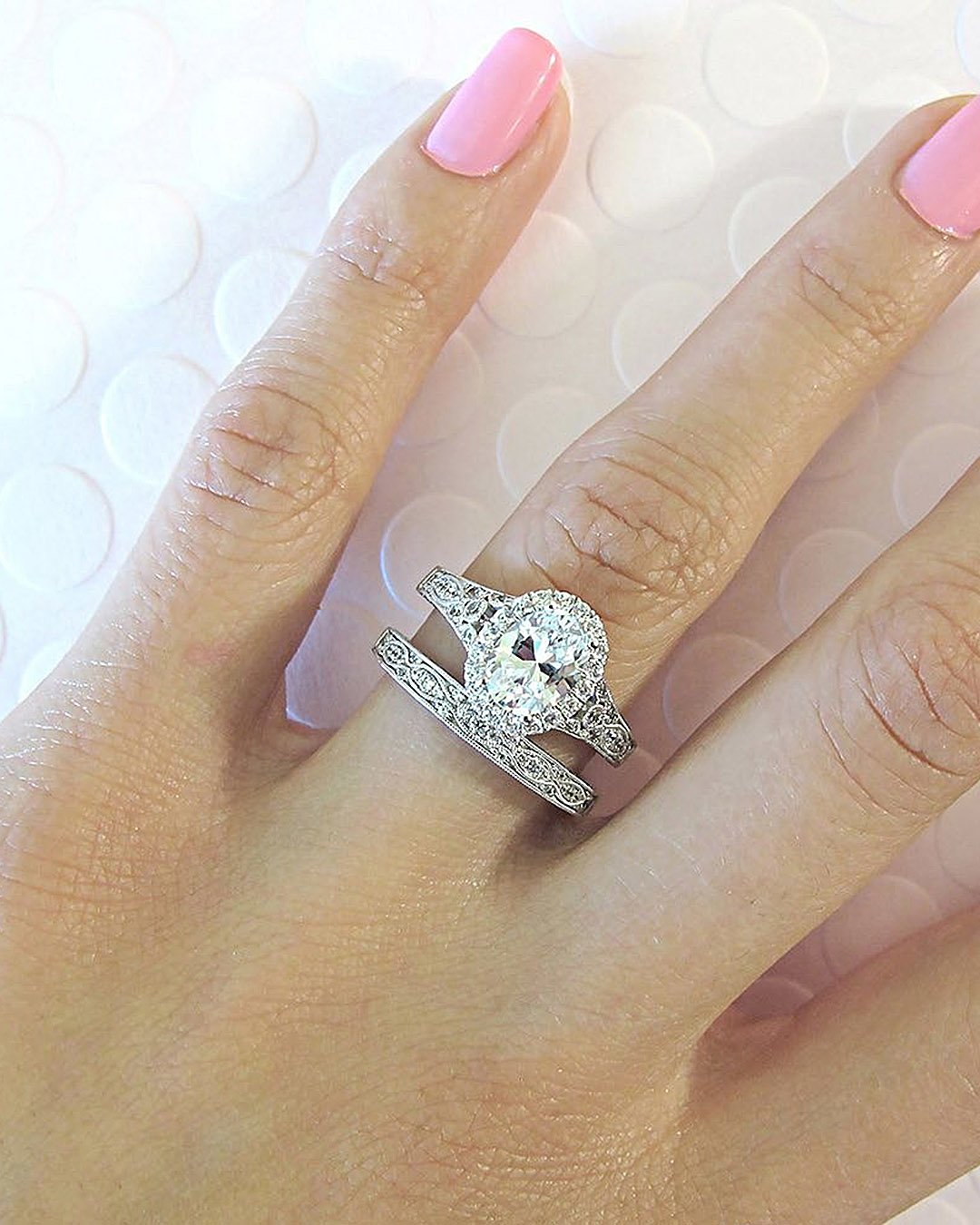 vintage wedding rings oval cut diamond halo white gold