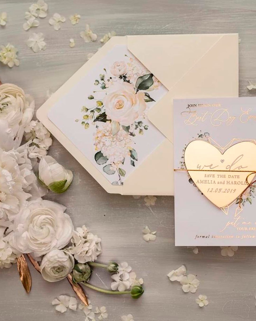 wedding save the dates change heart gold art flowers