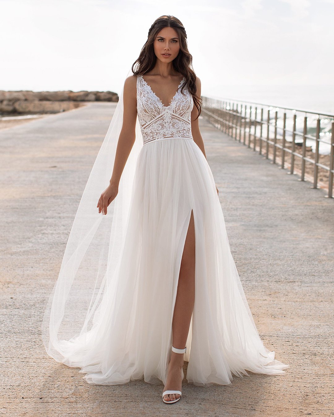 a line wedding dresses lace top with slit pronovias