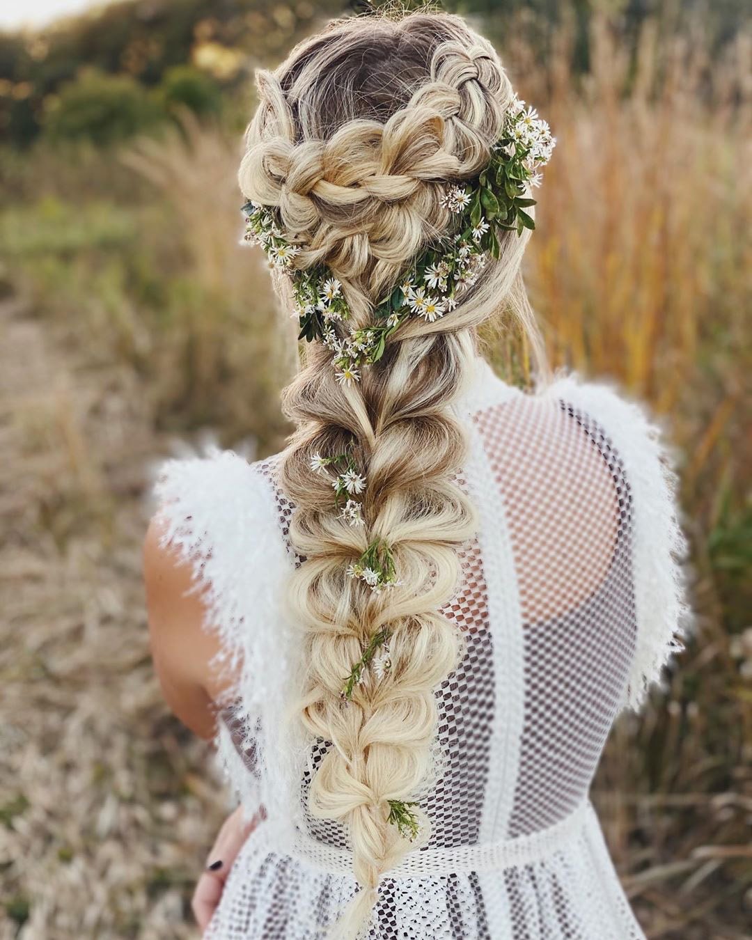 rustic wedding hairstyles blonde long braid halo wildflowers annette_updo_artist