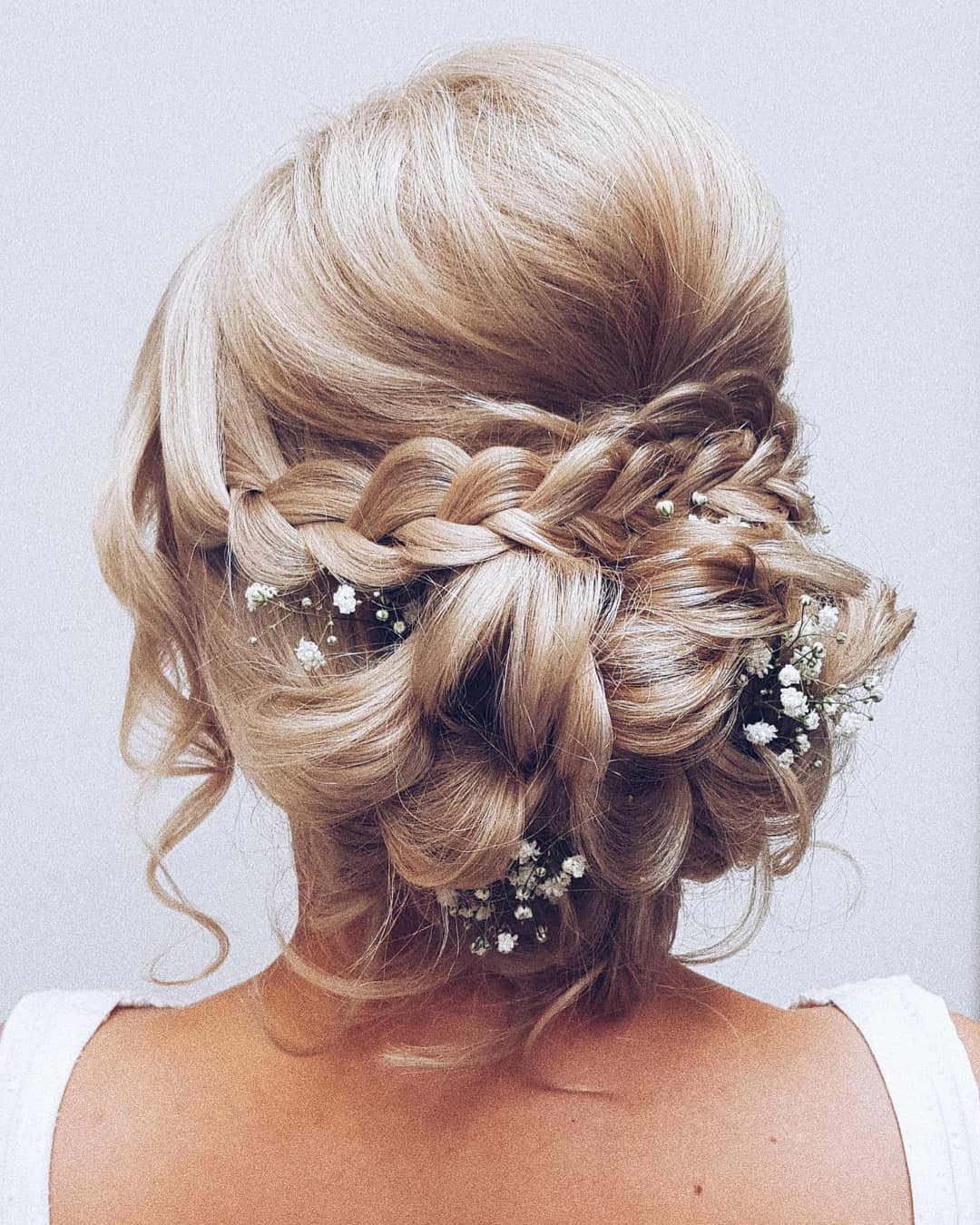 rustic wedding hairstyles volume updo with braid and baby breath hairbyhannahtaylor
