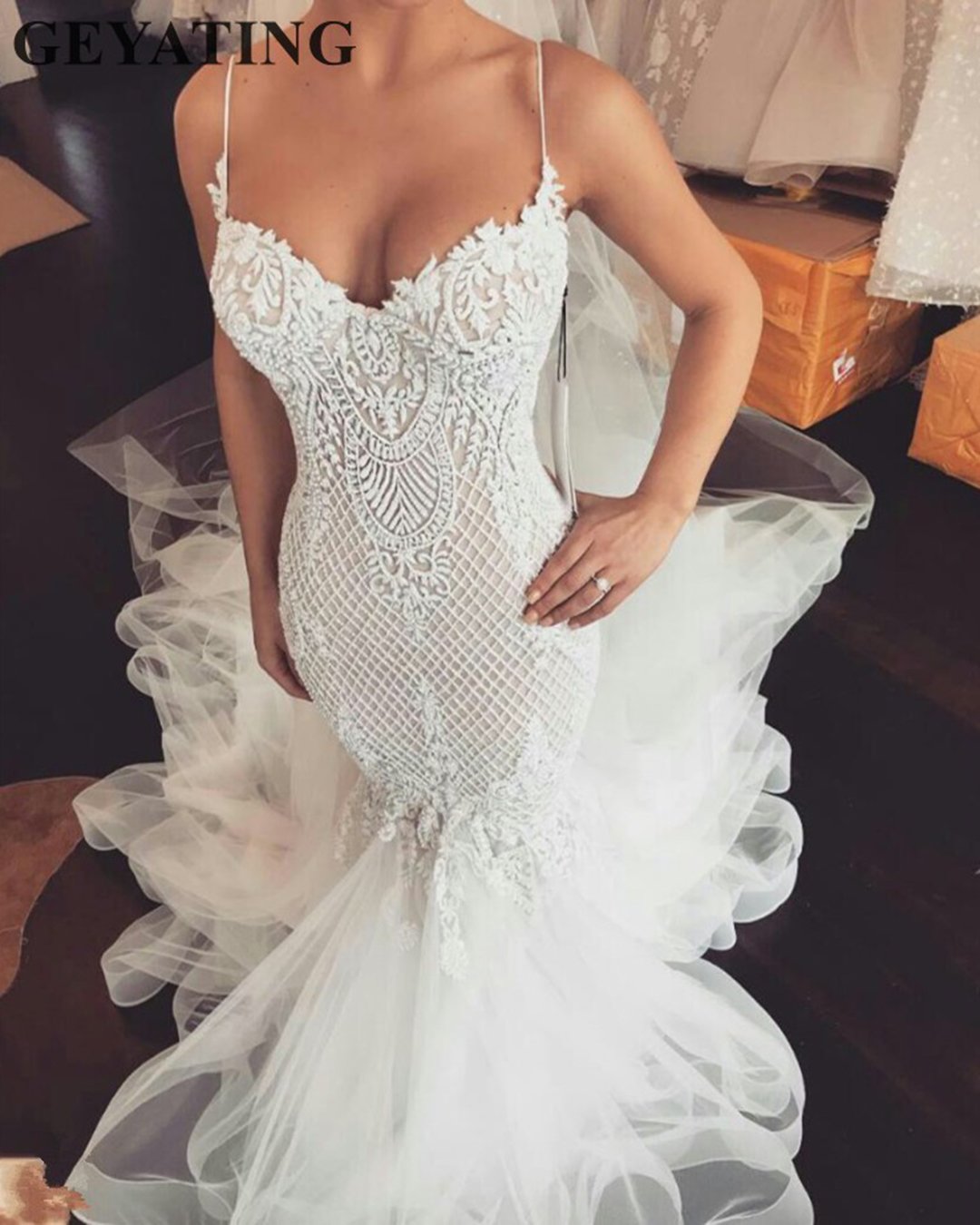 sweetheart neckline wedding dress mermaid with spaghetti straps lace leah da gloria