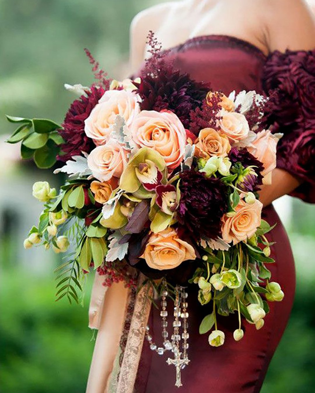 wedding bouquet ideas inspiration with rose gold roses and marsala dahlias and greenery nancy ramos photography 3