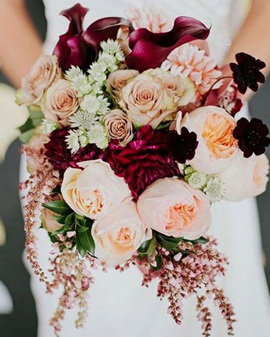 wedding bouquet ideas inspiration with soft pink and rose gold flowers and marsala peonies lauren peele photography 4