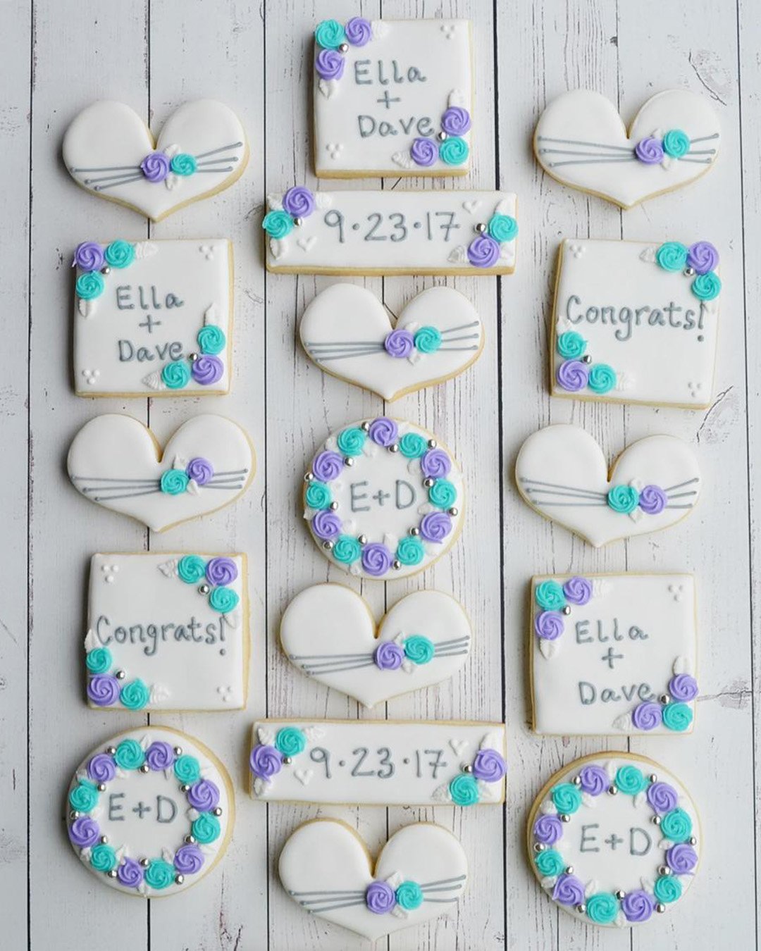 wedding cake cookies cute white with lilac blue roses vjscookies