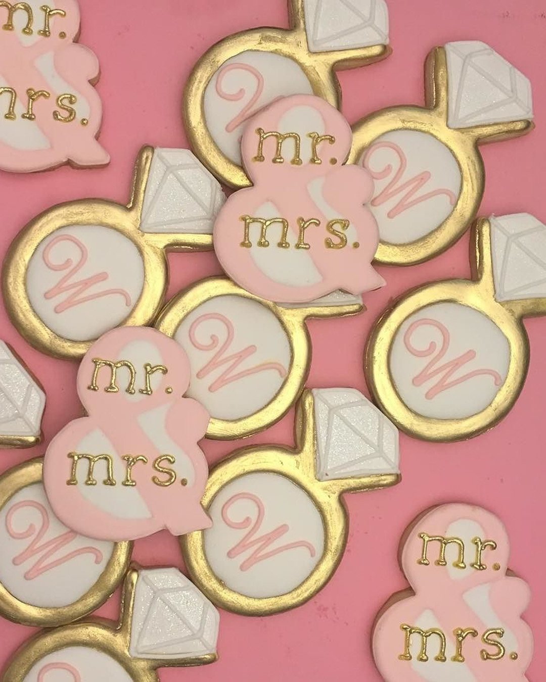 wedding cake cookies engagement ring shaped gold and pink mamashepcookies