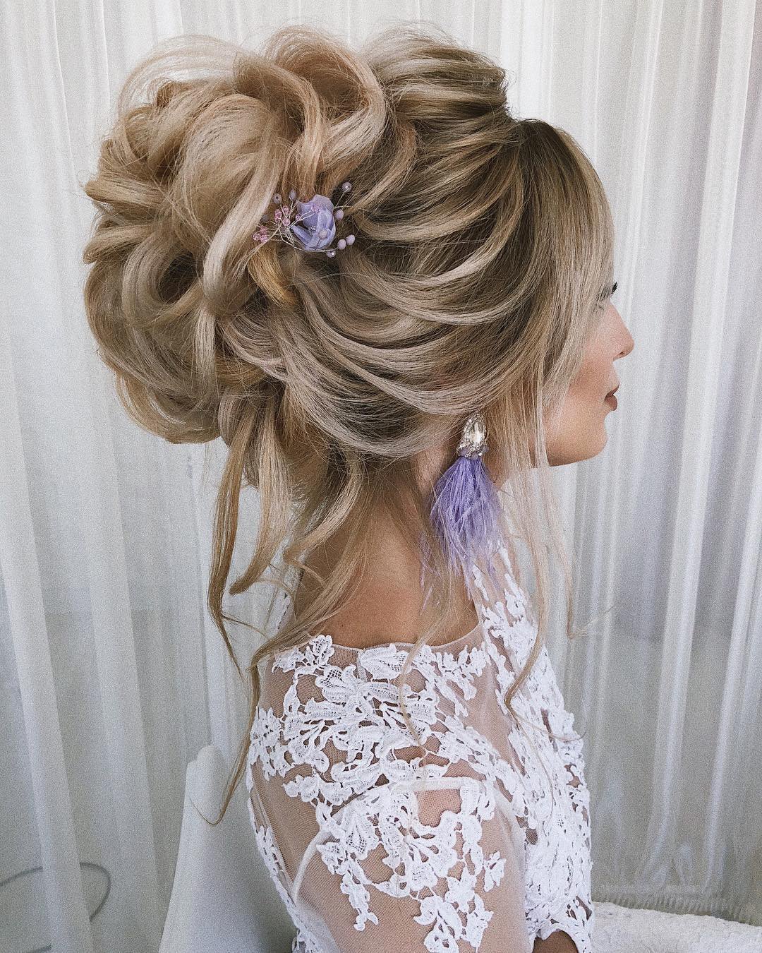 wedding updos for long hair high curly style with purple flower komarova_websalon