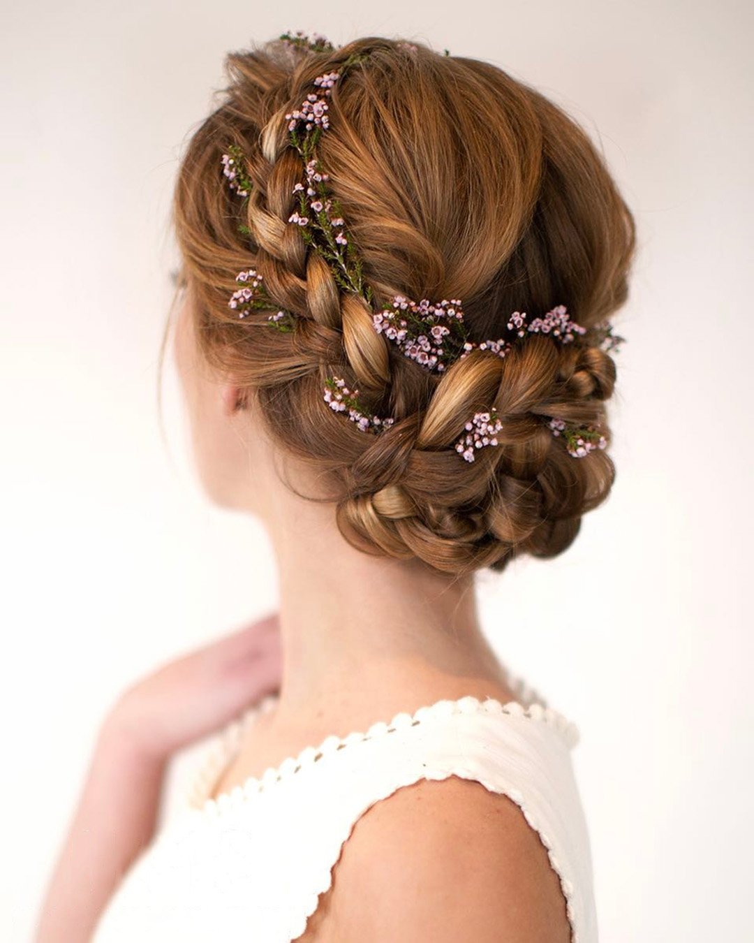 wedding updos for medium hair rustic braided halo with flowers hairandmakeupbysteph