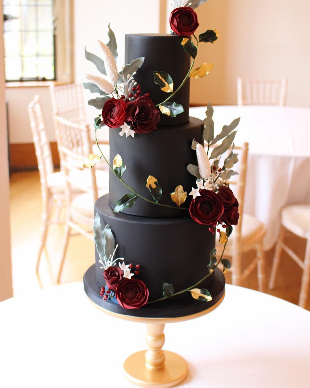 beautiful wedding cakes cascade black with red flower cakedesignbyhollymiller1