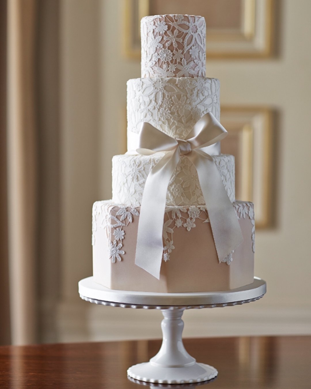 beautiful wedding cakes cascade with lace bow lace zoeclarkcakes