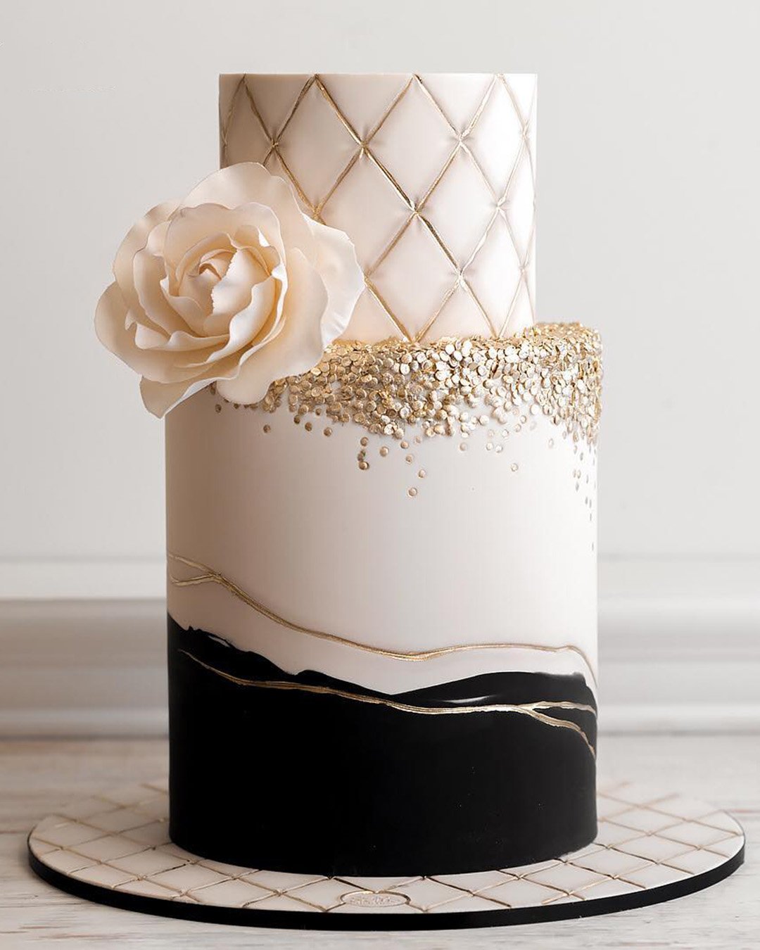 black and white wedding cakes elegant classy with rose and gold delacremestudio