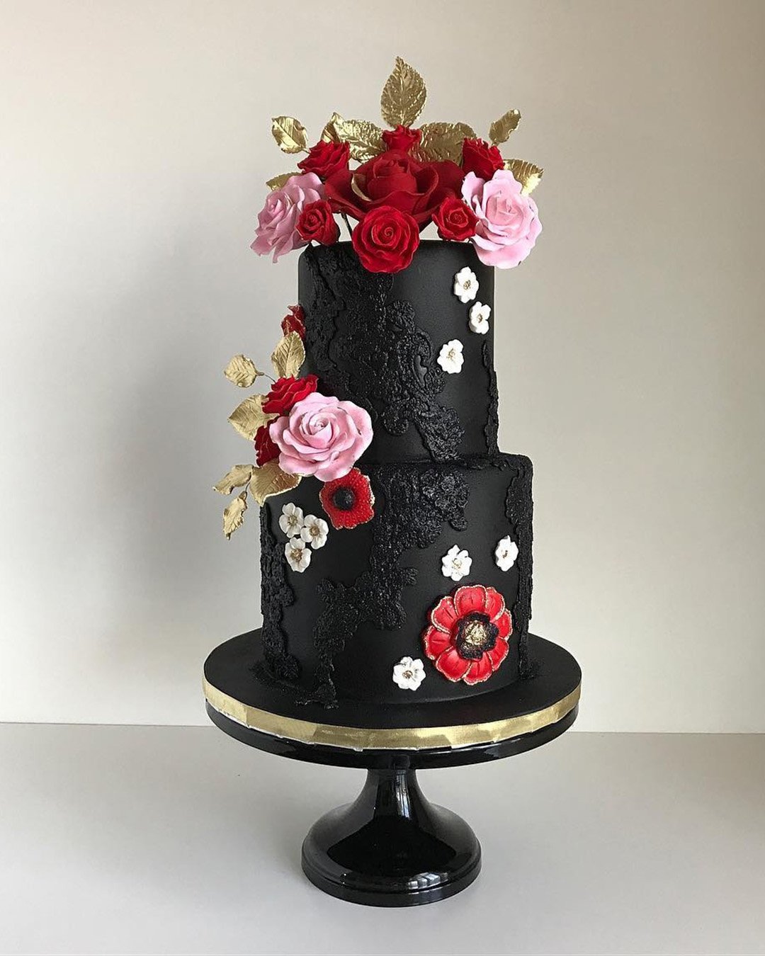 black and white wedding cakes elegant with flowers red pink flowers nikki.cakes