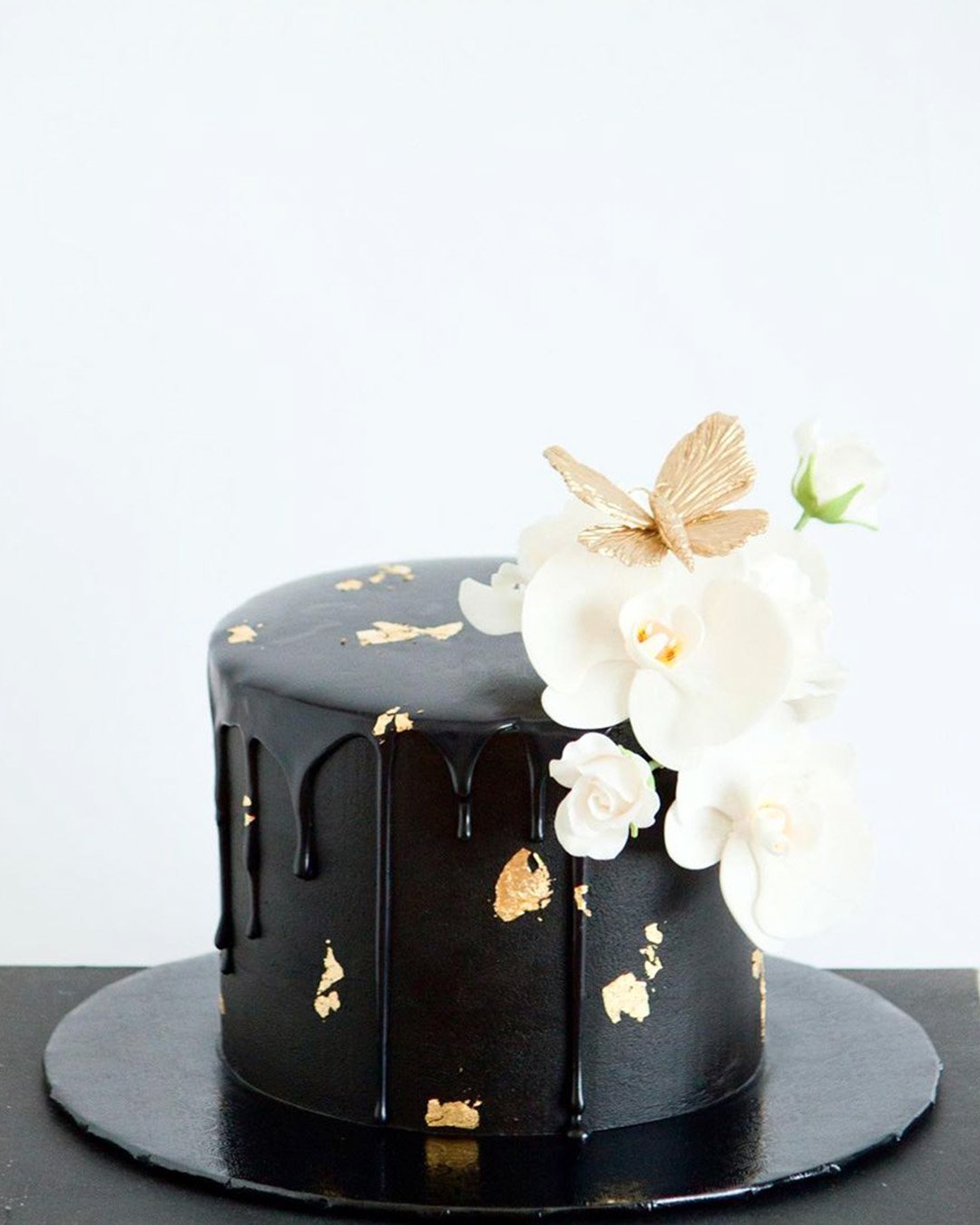 black and white wedding cakes small stylish orchids gold foil misobakes