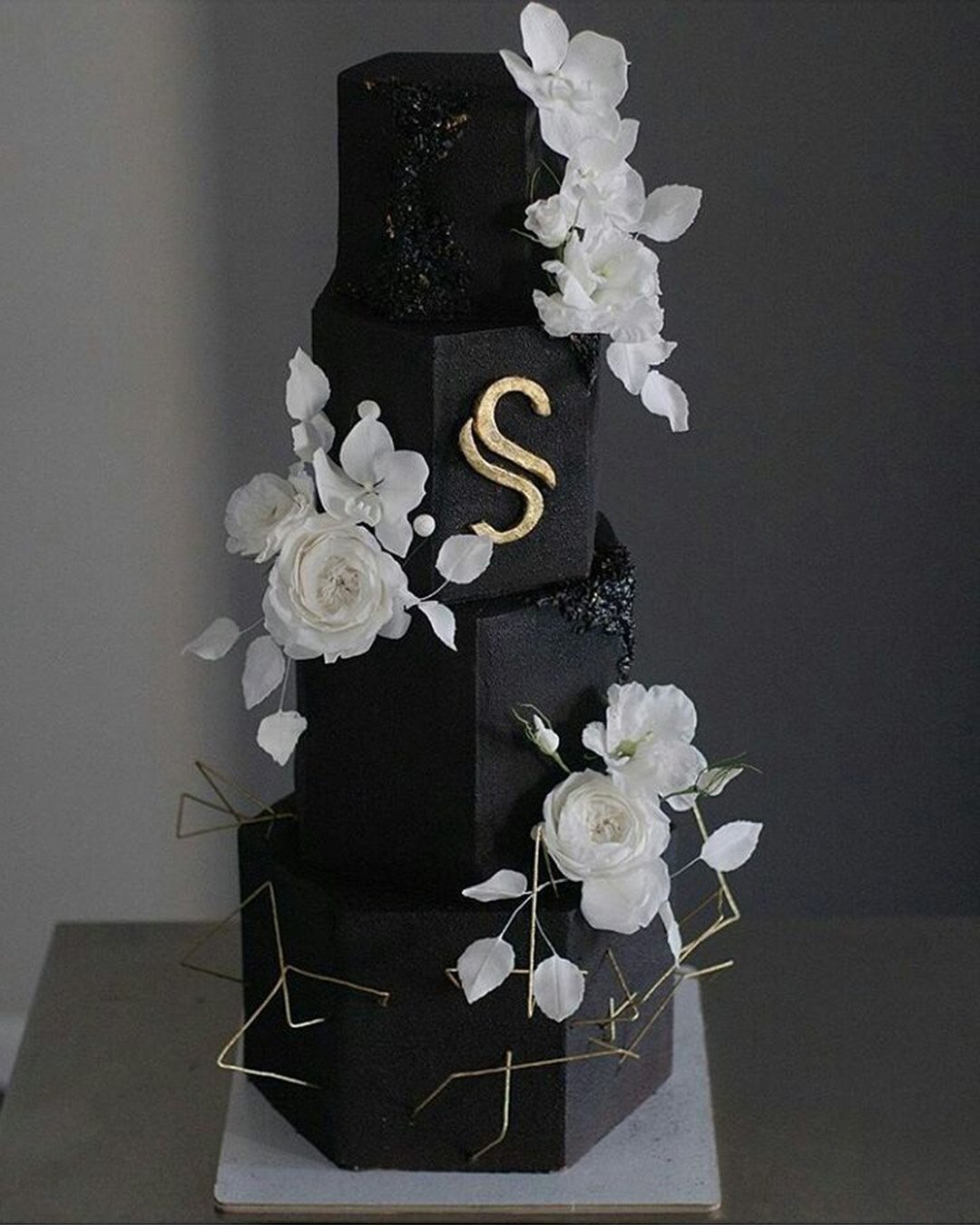 black and white wedding cakes tall elegant gold monogram signaturesweetsbyamanda