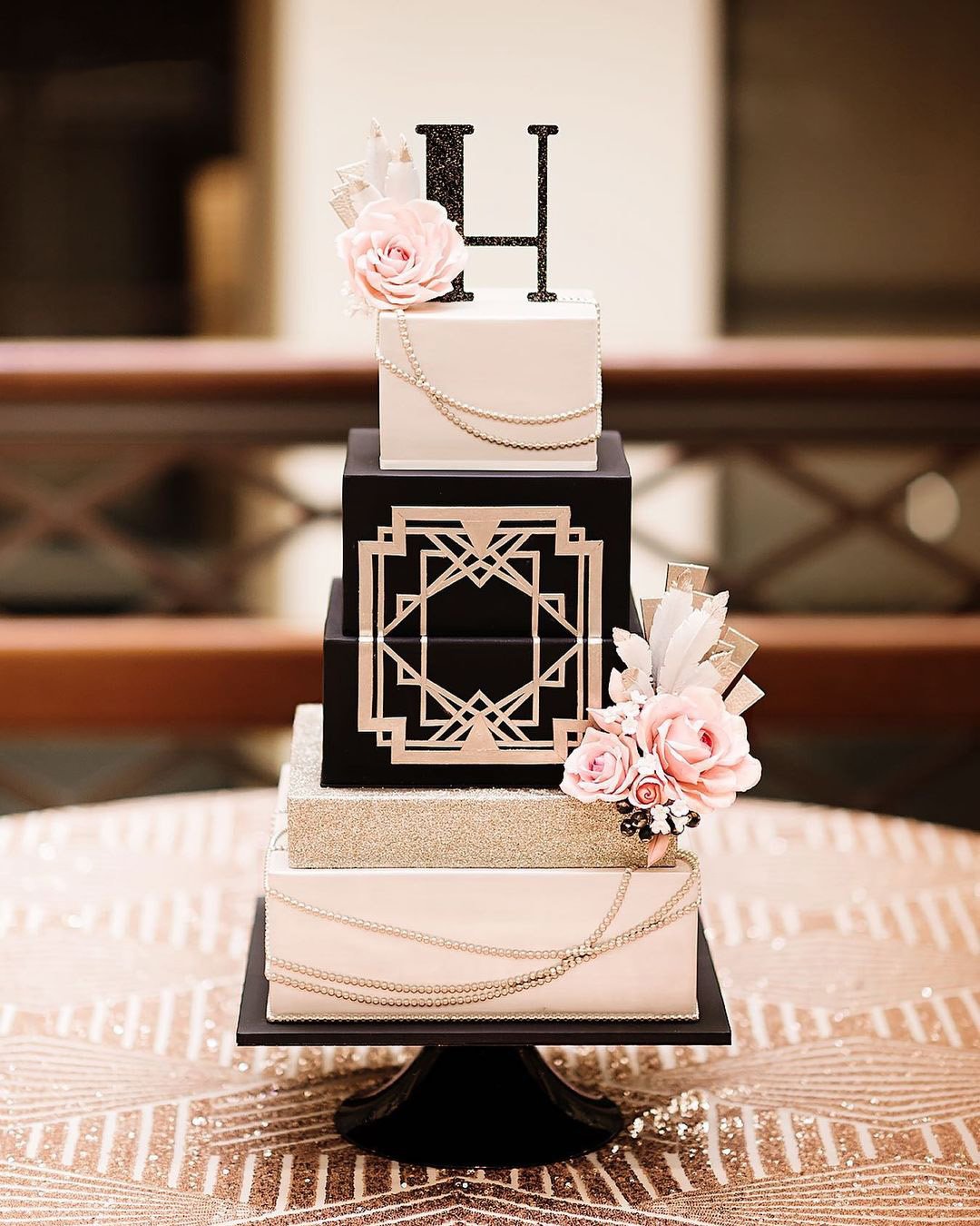 black and white wedding cakes tall elegant pink roses and gold delacremestudio