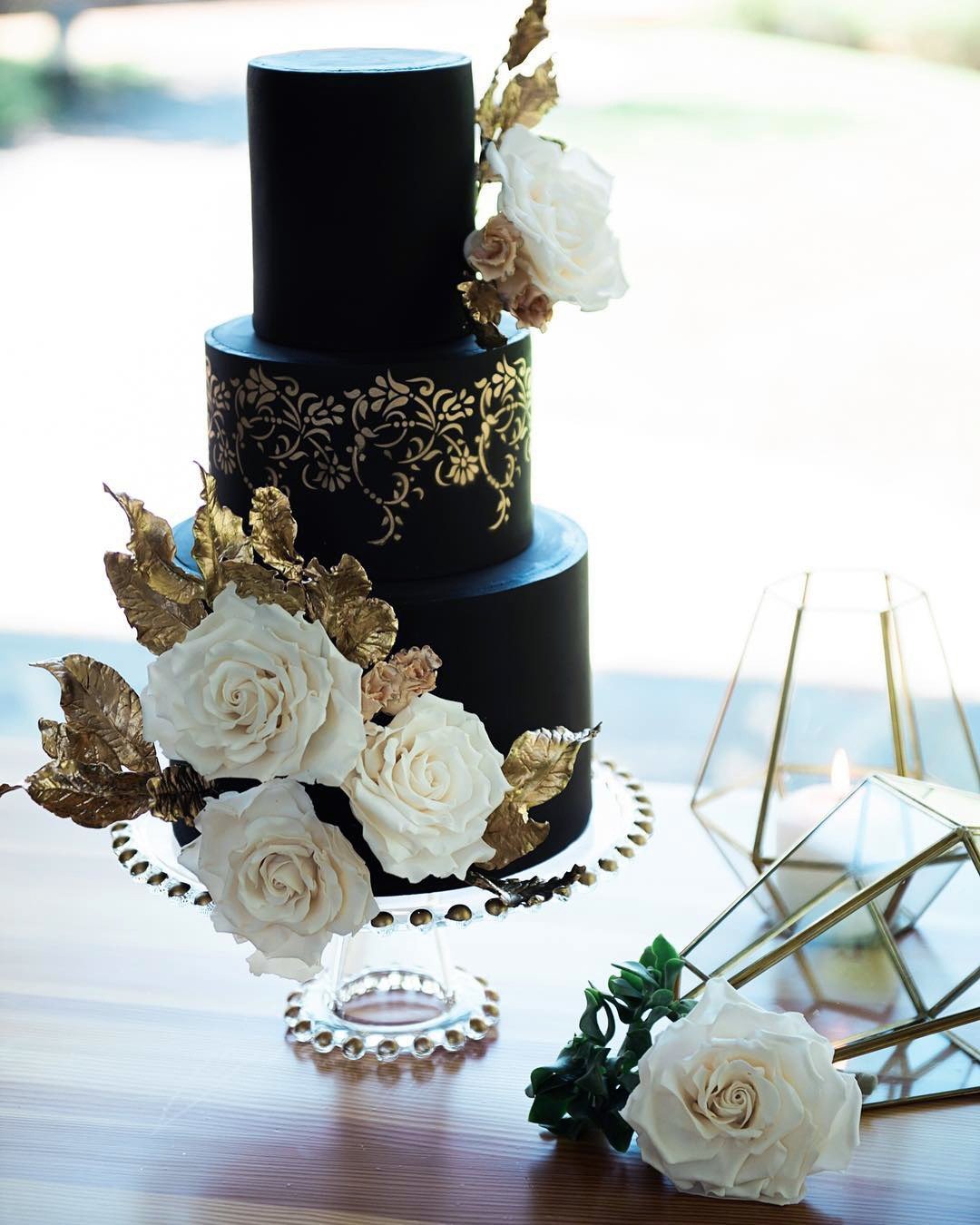 black and white wedding cakes tall gold with chic roses kristisneddon