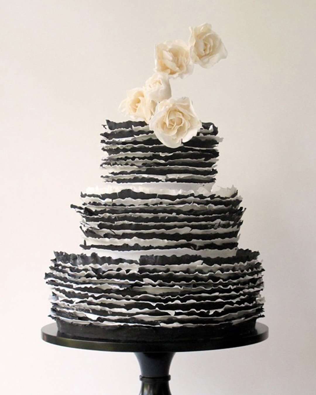 black and white wedding cakes with ruffles and roses ritawongevents