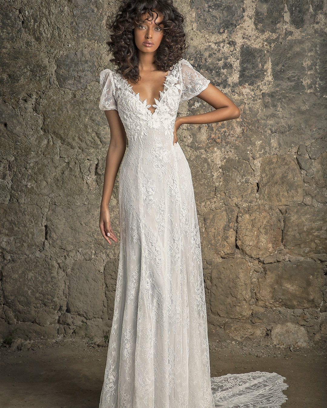 bridal dresses a line with cap sleeves lace v neckline pnina tornai