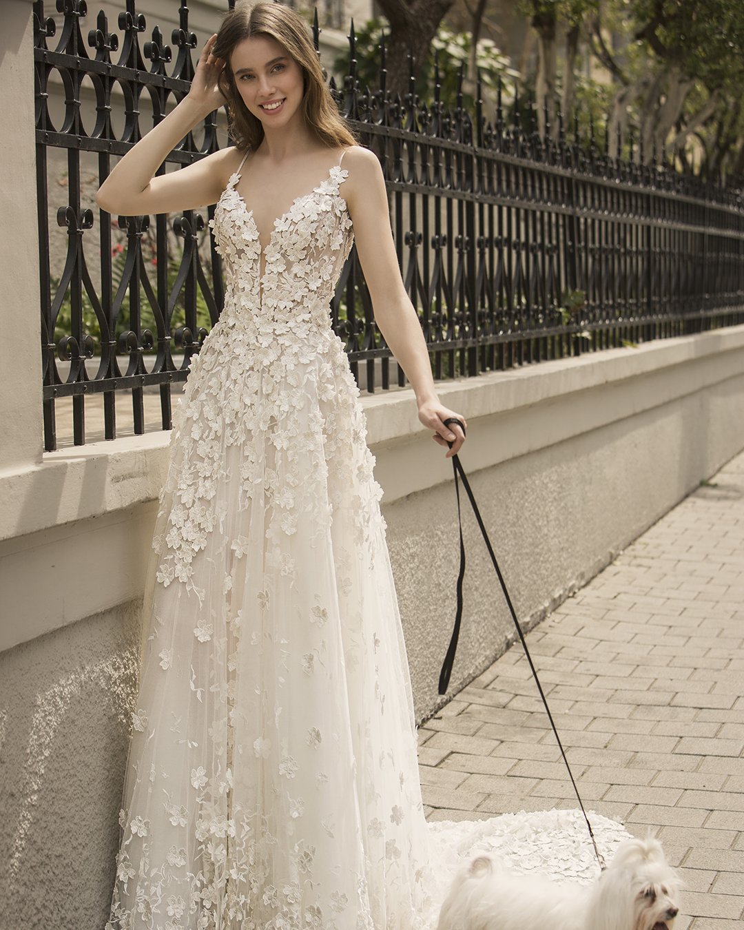 bridal dresses a line with spaghetti straps floral appliques pnina tornai