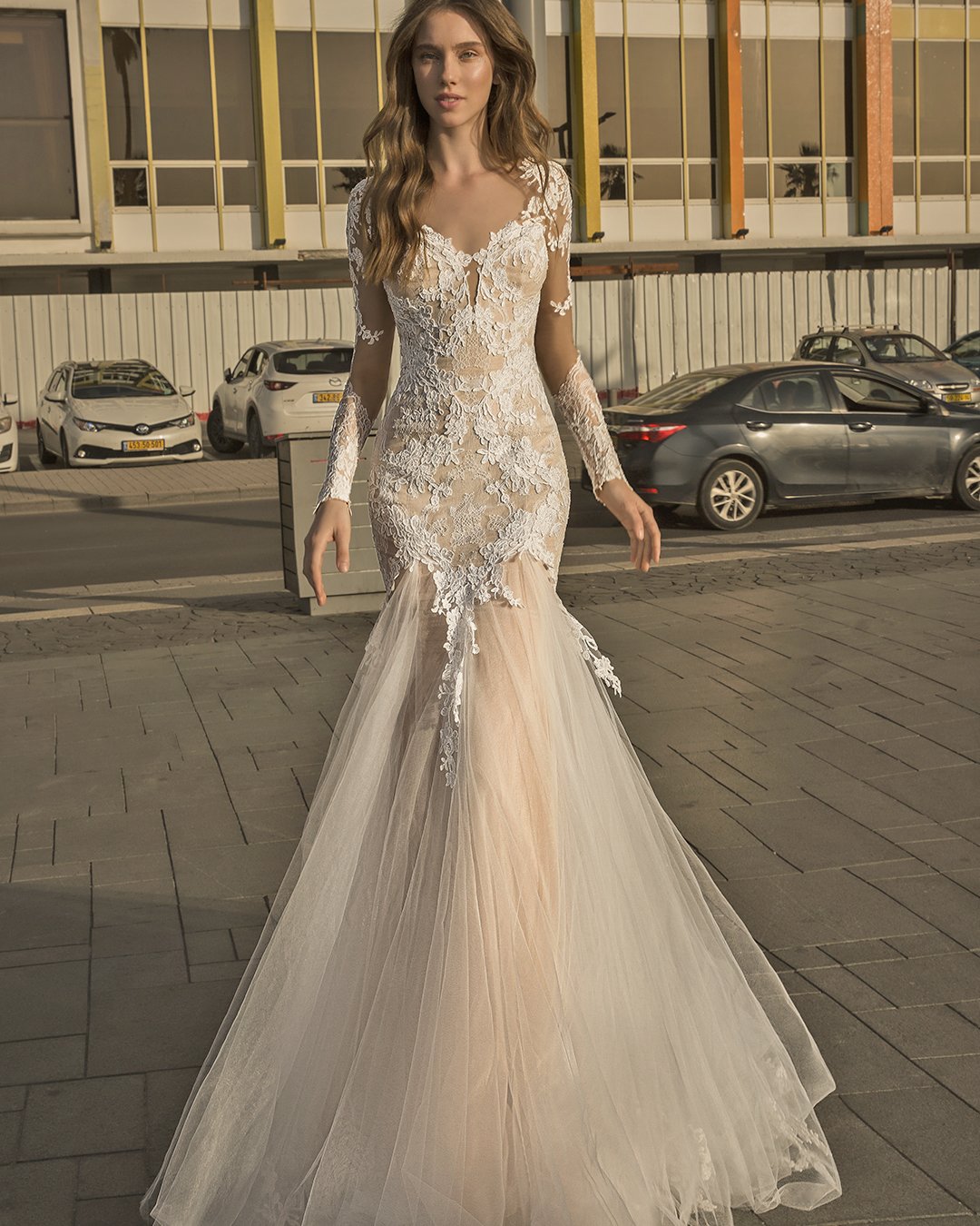 bridal dresses fit and flare with long sleeves lace pnina tornai