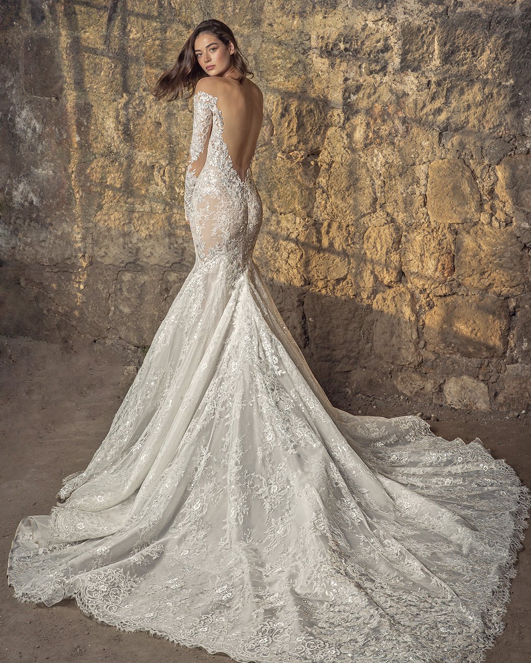 bridal dresses fit and flare with sleeves lace train pnina tornai