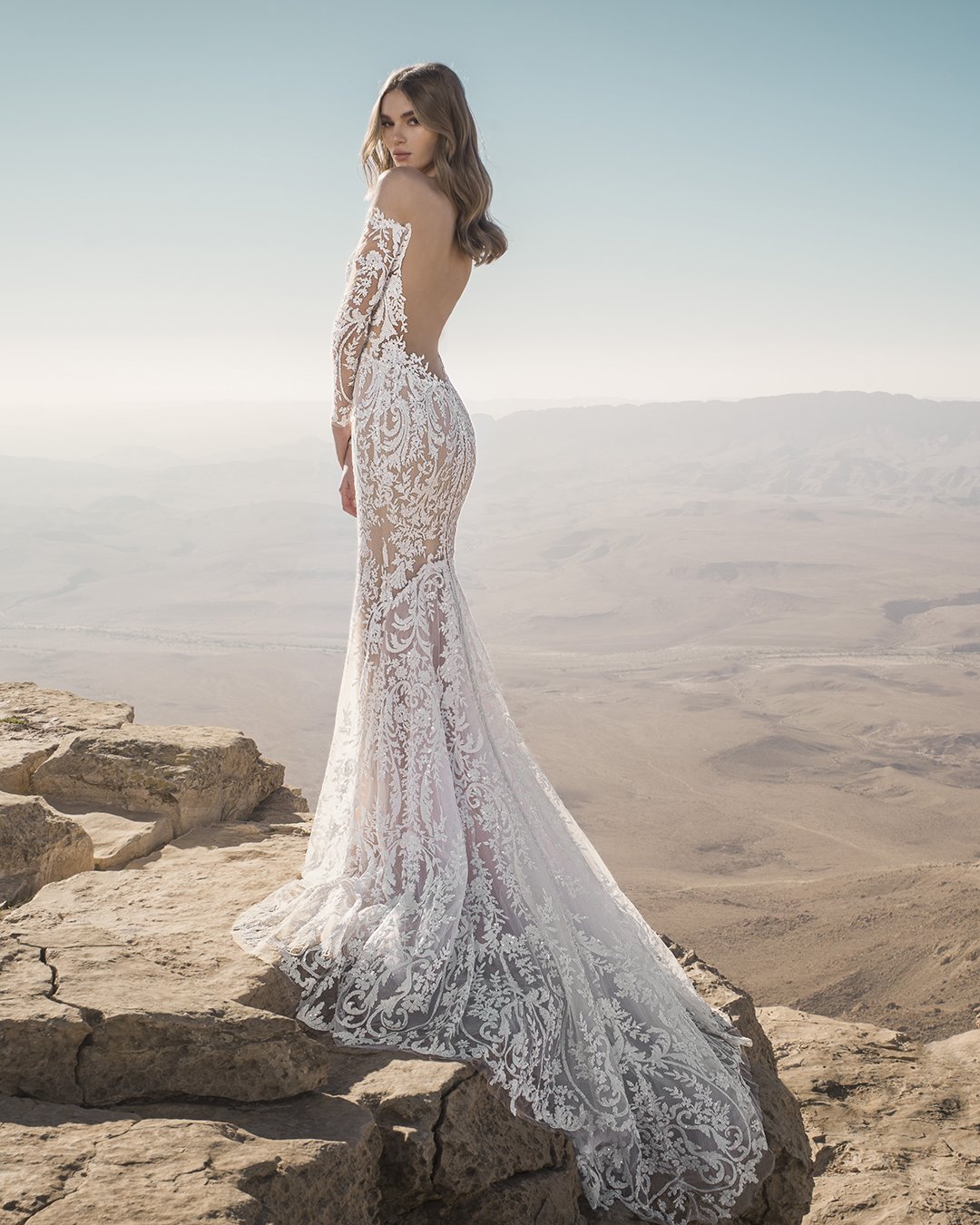 bridal dresses lace with long sleeves low back pnina tornai