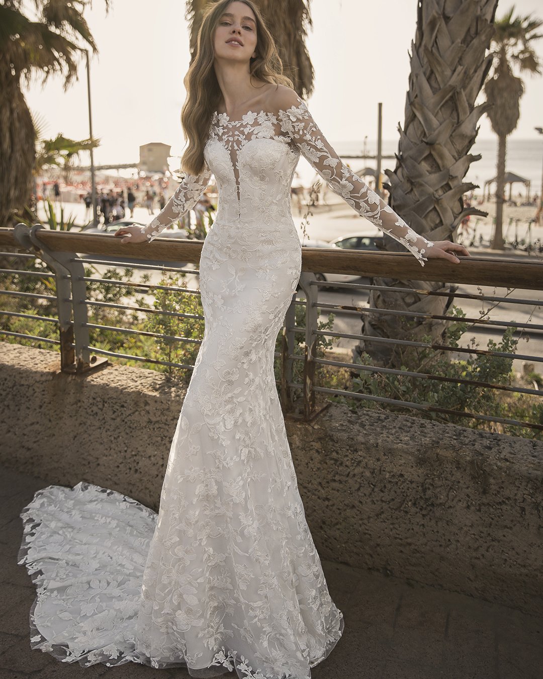 bridal dresses off the shoulder with long sleeves lace pnina tornai