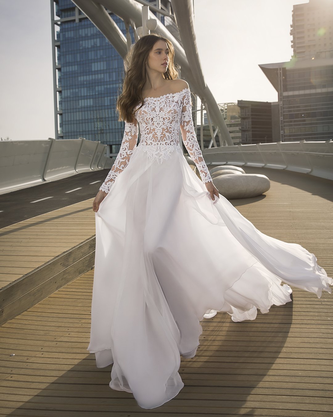 bridal dresses off the shoulder with sleeves lace pnina tornai