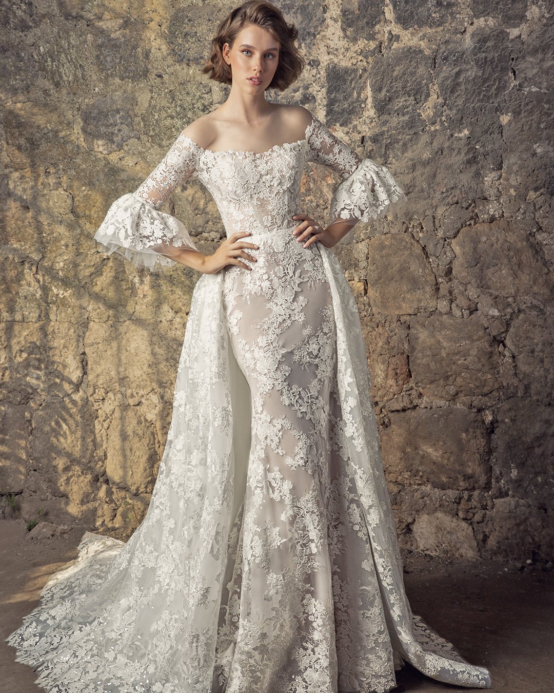 bridal dresses puff sleeves with overskirt lace pnina tornai
