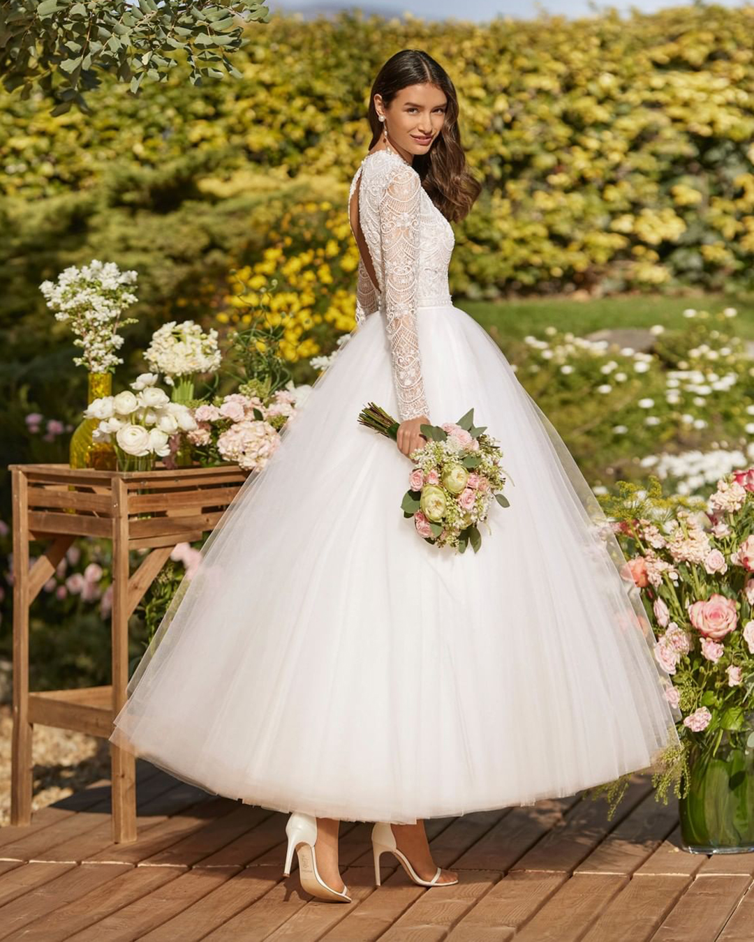 bridal dresses tea length lace with long sleeves rosa_clara
