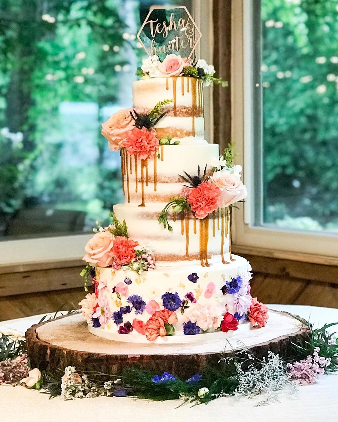 drip wedding cakes drip caramel on rustic cake flowers